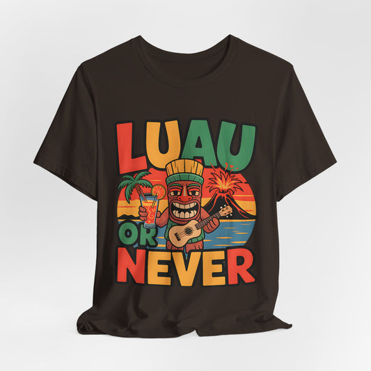 The Tropical Luau Short Sleeve Tiki T-Shirt features a vibrant tiki design with a drink and ukulele amid palm trees, ocean, and sunset. LUAU OR NEVER completes this black unisex tee—perfect for your next summer celebration!.