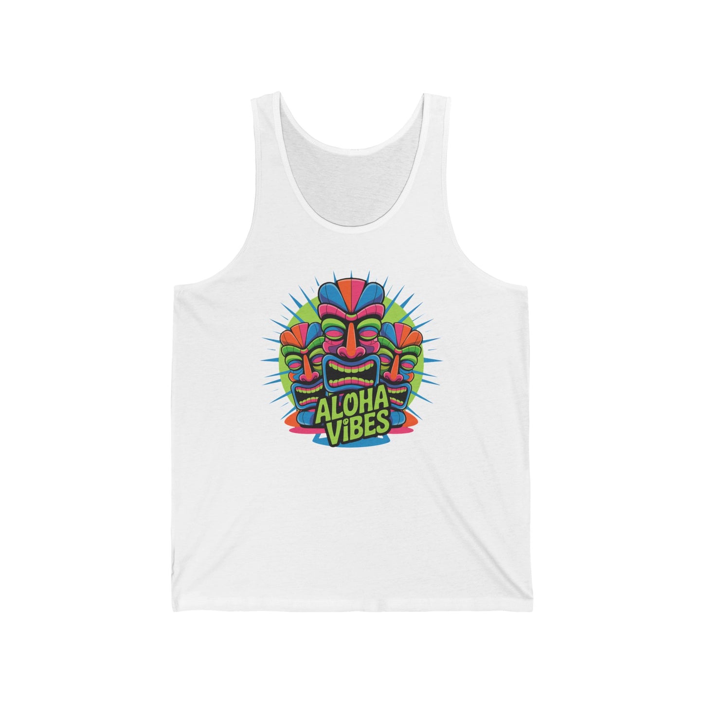 The Aloha Vibes Unisex Jersey Tiki Tank Top features a colorful tiki mask with vibrant rays, tropical accents, and Aloha Vibes text for a relaxed summer look—perfect beachwear for summer fun.