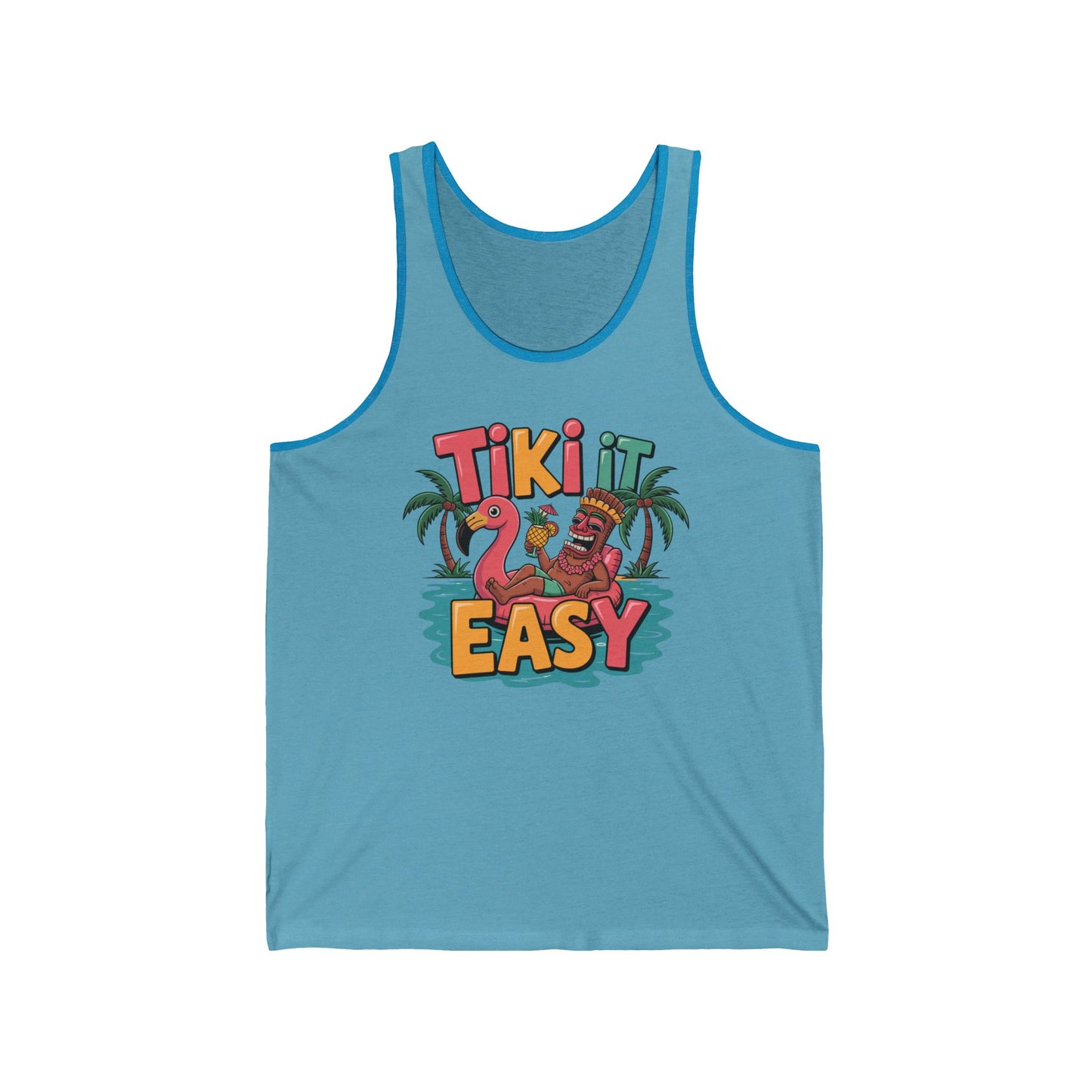The Tiki It Easy Unisex Jersey Tiki Tank Top features a vibrant “Tiki it Easy” design with tiki statues, a pink flamingo float, and palm trees. Lightweight material ensures all-day comfort—perfect for summer vibes and beach parties.