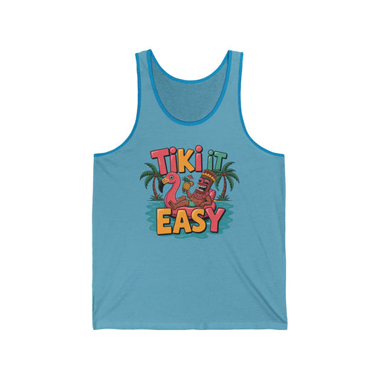 The Tiki It Easy Unisex Jersey Tiki Tank Top features a vibrant “Tiki it Easy” design with tiki statues, a pink flamingo float, and palm trees. Lightweight material ensures all-day comfort—perfect for summer vibes and beach parties.