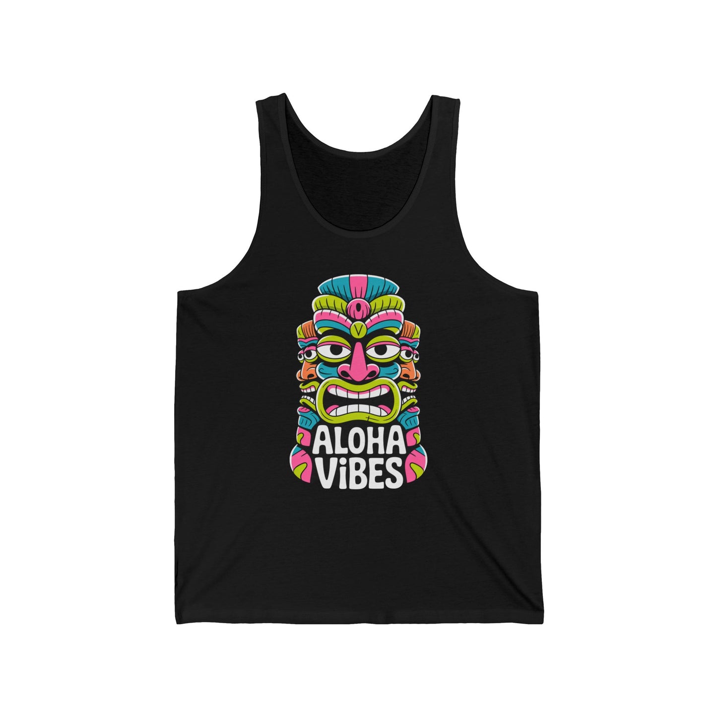 The Aloha Vibes Unisex Jersey Tiki Tank Top - Summer Beachwear features a colorful Tiki mask graphic above bold white “Aloha Vibes” text on black, crafted from lightweight fabric—a must-have for your summer wardrobe.