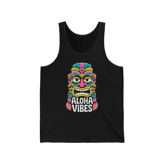 The Aloha Vibes Unisex Jersey Tiki Tank Top - Summer Beachwear features a colorful Tiki mask graphic above bold white “Aloha Vibes” text on black, crafted from lightweight fabric—a must-have for your summer wardrobe.
