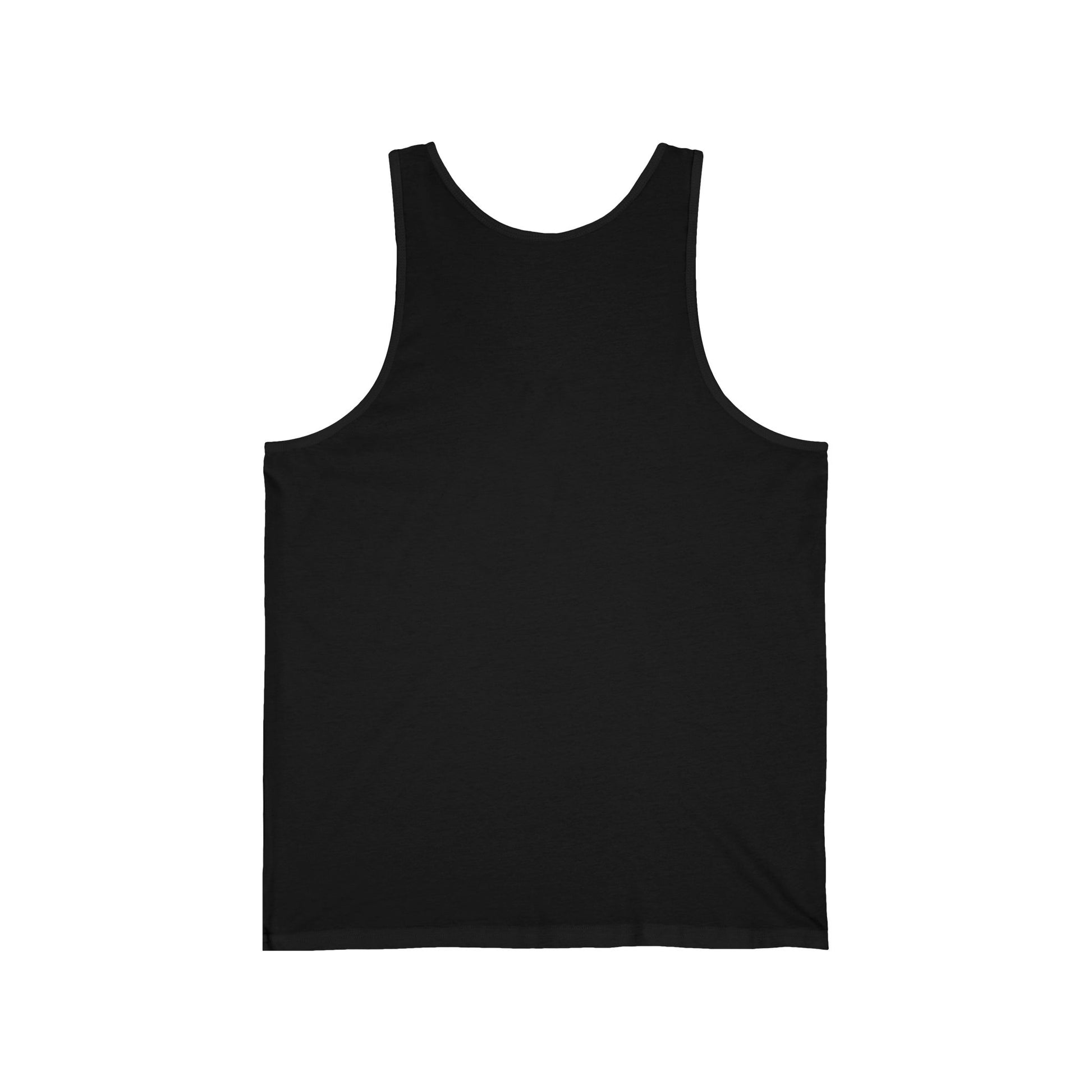 The Beach Vibes Unisex Jersey Tiki Tank Top - Dont Worry Beach Happy is laid flat, back side up, on a white background. Made from lightweight fabric, this tank is ideal for summer fun and adventures.