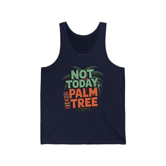 Add laid-back flair to your summer with the Not Today Palm Tree Unisex Jersey Tank. This navy tiki tank top features a tiki statue, palm tree graphic, and bold green-orange lettering—ideal casual summer wear for beach lovers.