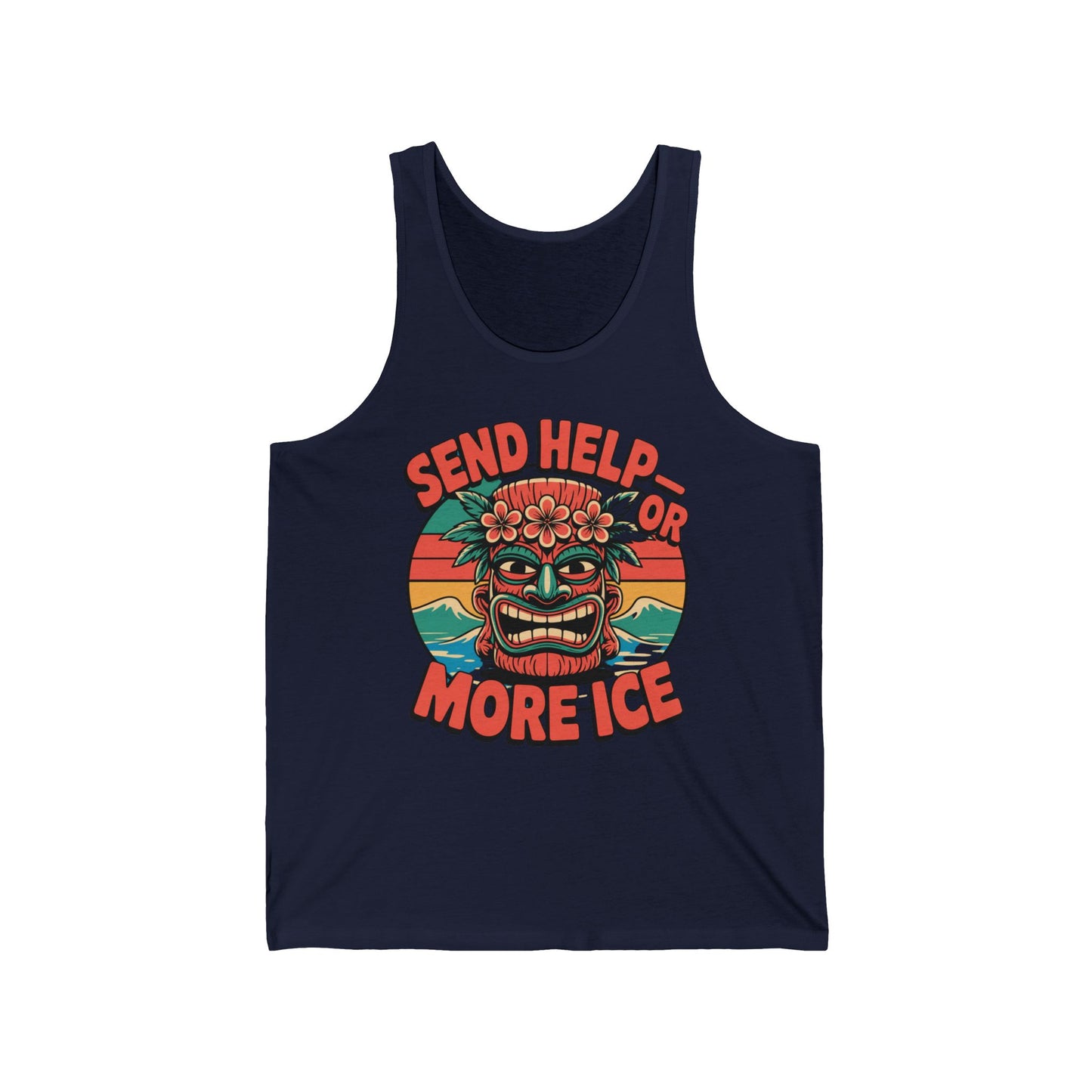 The Send Help or More Ice Summer Vibe Tiki Tank Top is a comfy unisex jersey featuring navy blue, a vibrant tiki mask, sunset, waves, and bold orange text—ideal for adding summer flair to your wardrobe.