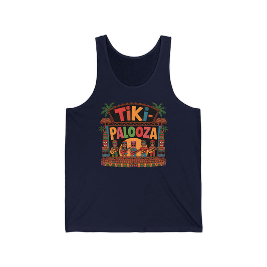 The Tiki Palooza Unisex Jersey Tiki Tank Top is festival-ready, featuring a lively design with cartoon people in tropical outfits, palm trees, and tiki statues—perfect for summer vibes. Available in navy blue.