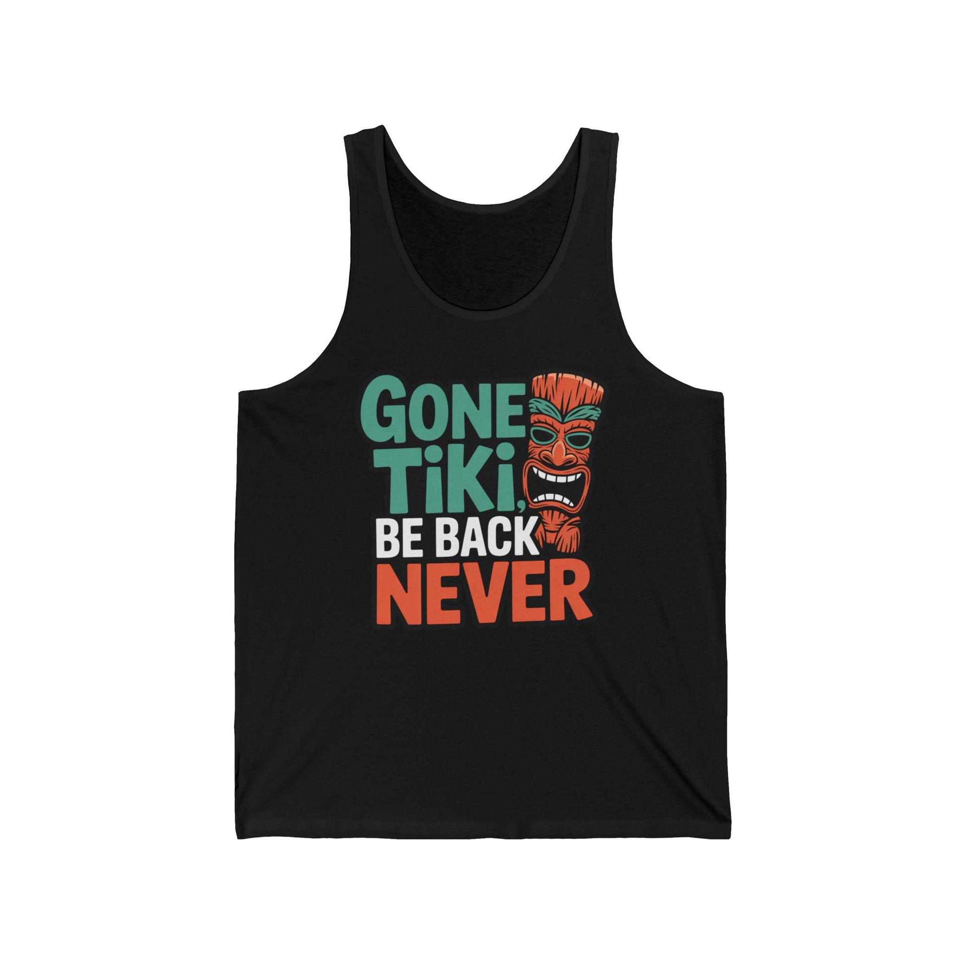 The Gone Tiki Unisex Jersey Tank features vibrant GONE TIKI, BE BACK NEVER text and an orange tiki face—ideal for beach or pool parties and perfect for embracing that laid-back summer vacation vibe.