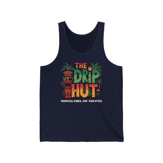 Stay cool this summer in the Tropical Vibes Tiki Tank Top—The Drip Hut Design. Featuring a vibrant tiki, palm trees, and bold branding, this navy unisex tank brings tropical flair and breathable comfort to your wardrobe.