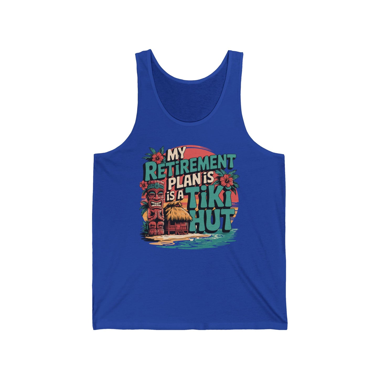 The Tiki Hut Retirement Tank for Beach Lovers features a colorful design with tiki statues, a thatched hut, palm trees, and a sunset—perfect for summer vacations and relaxed vibes.