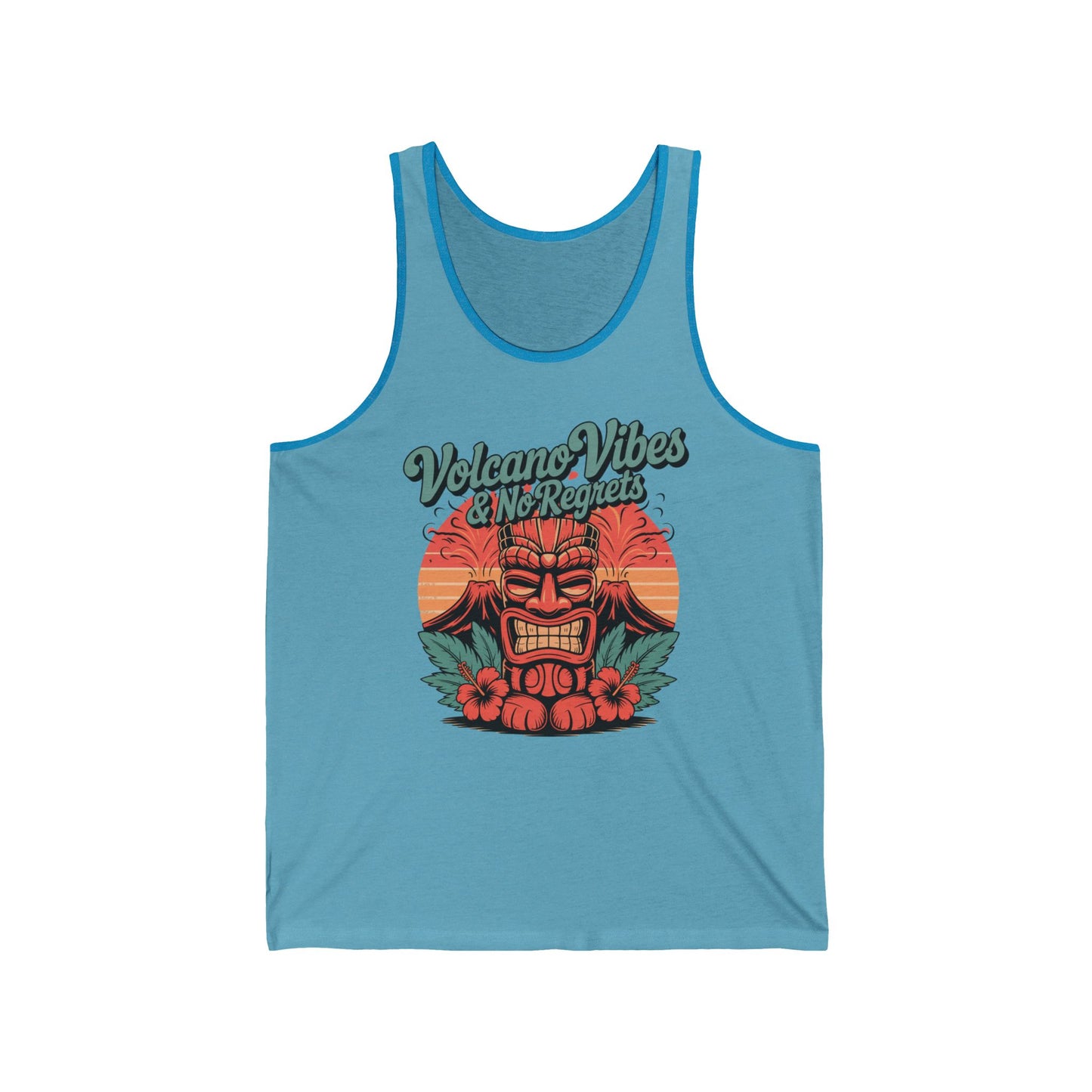 The Volcano Vibes Unisex Jersey Tiki Tank Top showcases a bold tiki face, red flowers, and volcano graphics with “Volcano Vibes & No Regrets” text, all on lightweight fabric—perfect for a tropical summer style.