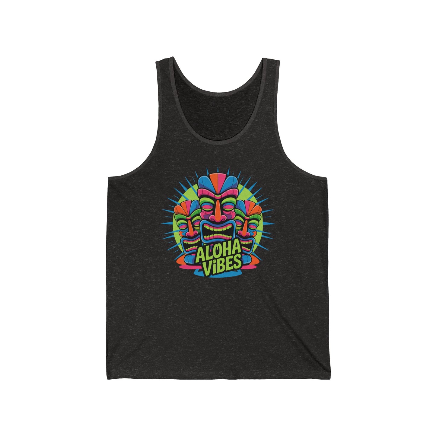 The Aloha Vibes Unisex Jersey Tiki Tank Top is a black tank featuring a colorful tiki mask and bold Aloha Vibes text—perfect beachwear for summer fun.