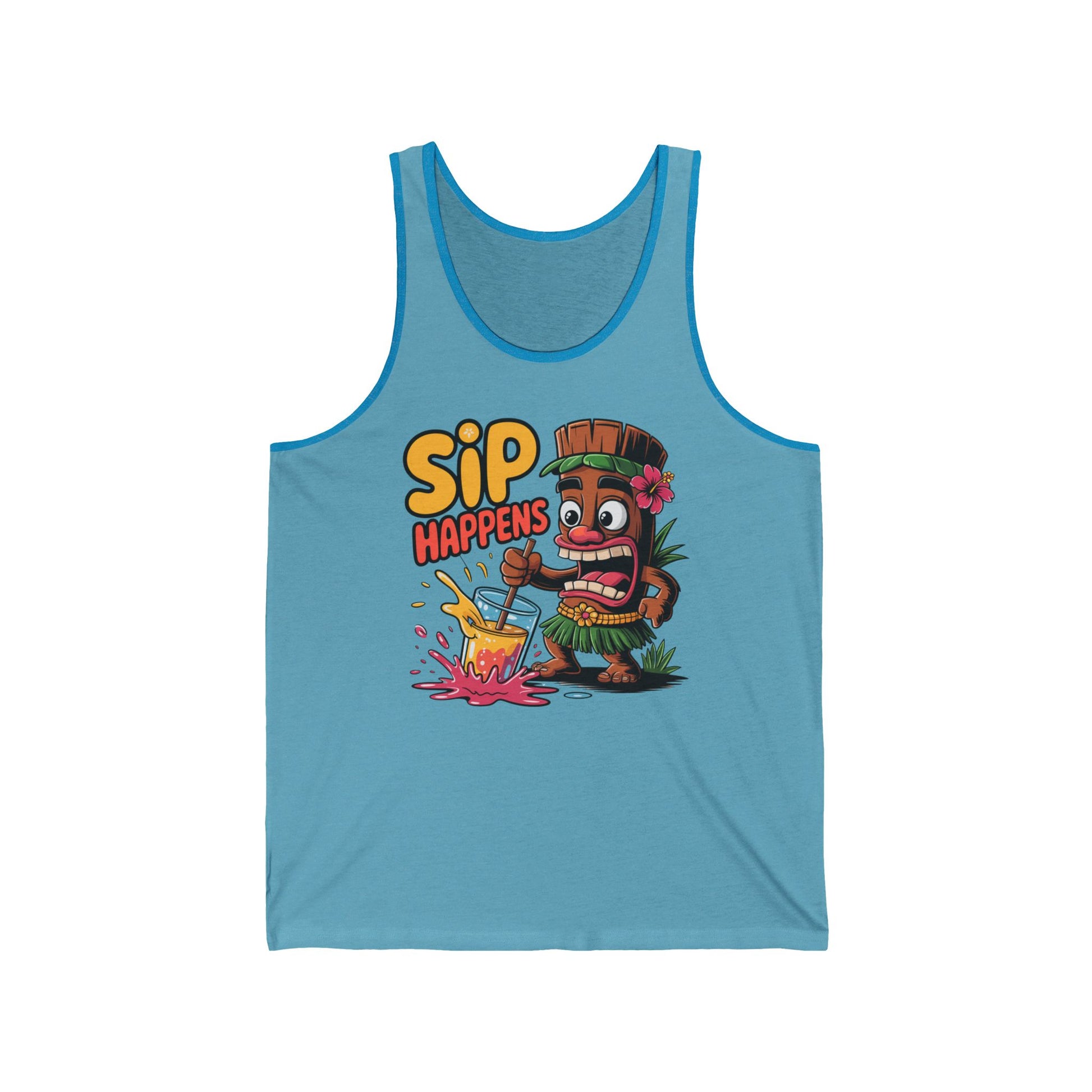 Show off your summer style with the Sip Happens Unisex Jersey Tiki Tank Top, featuring a cartoon tiki with a spilled drink and “SIP HAPPENS” in bold letters. Lightweight and colorful—perfect for beach parties and fun in the sun!.
