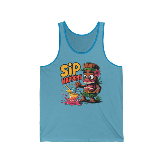 Show off your summer style with the Sip Happens Unisex Jersey Tiki Tank Top, featuring a cartoon tiki with a spilled drink and “SIP HAPPENS” in bold letters. Lightweight and colorful—perfect for beach parties and fun in the sun!.