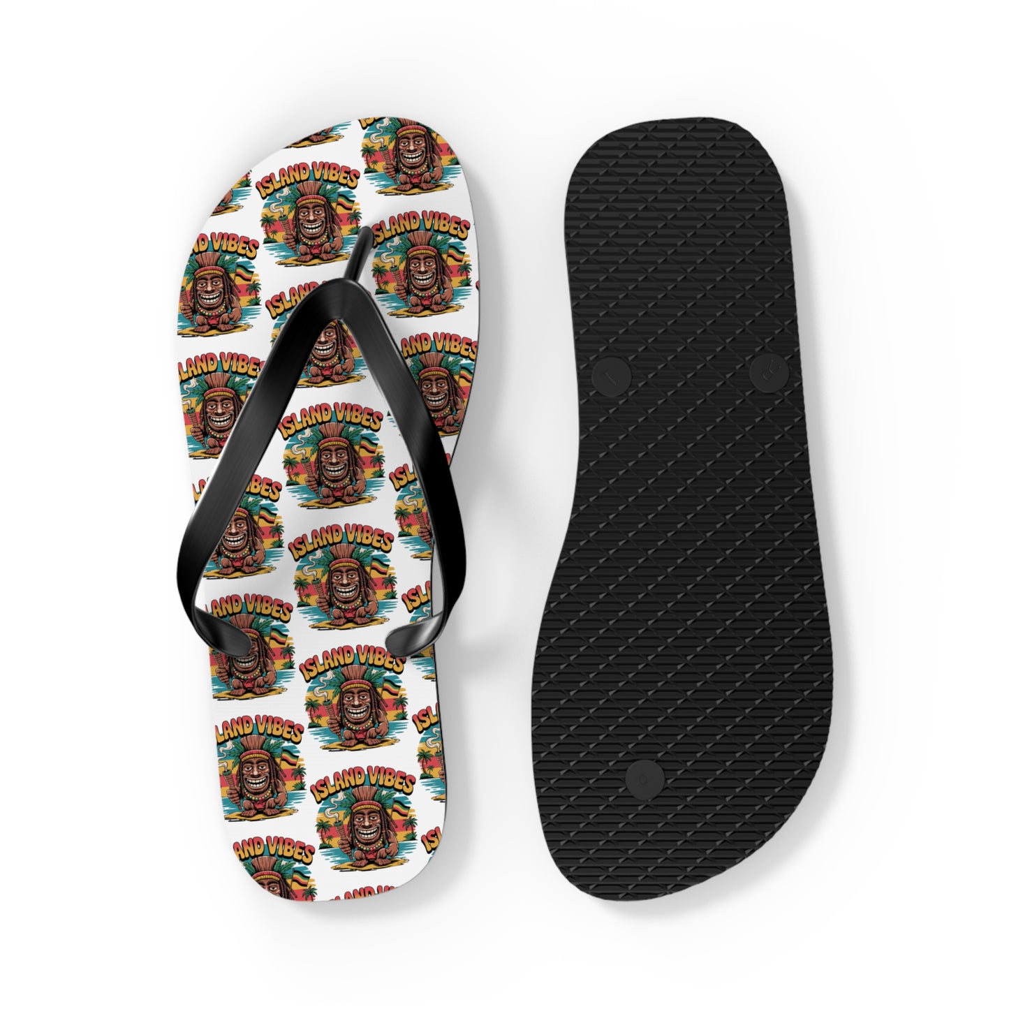 Island Vibes Tiki Flip Flops – Colorful Casual Footwear for Summer Fun, featuring a patterned sole and a vibrant cartoon tiki face with ISLAND VIBES on white—ideal for beach lovers and summer getaways.