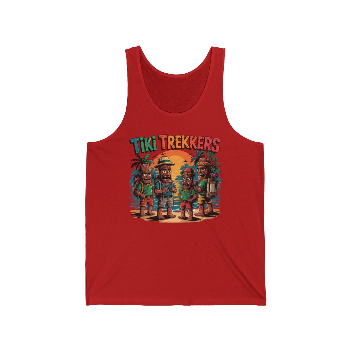 The Tiki Trekkers Unisex Jersey Tiki Tank Top features colorful explorer tikis on a sunset beach, perfect for music festivals and summer adventures.