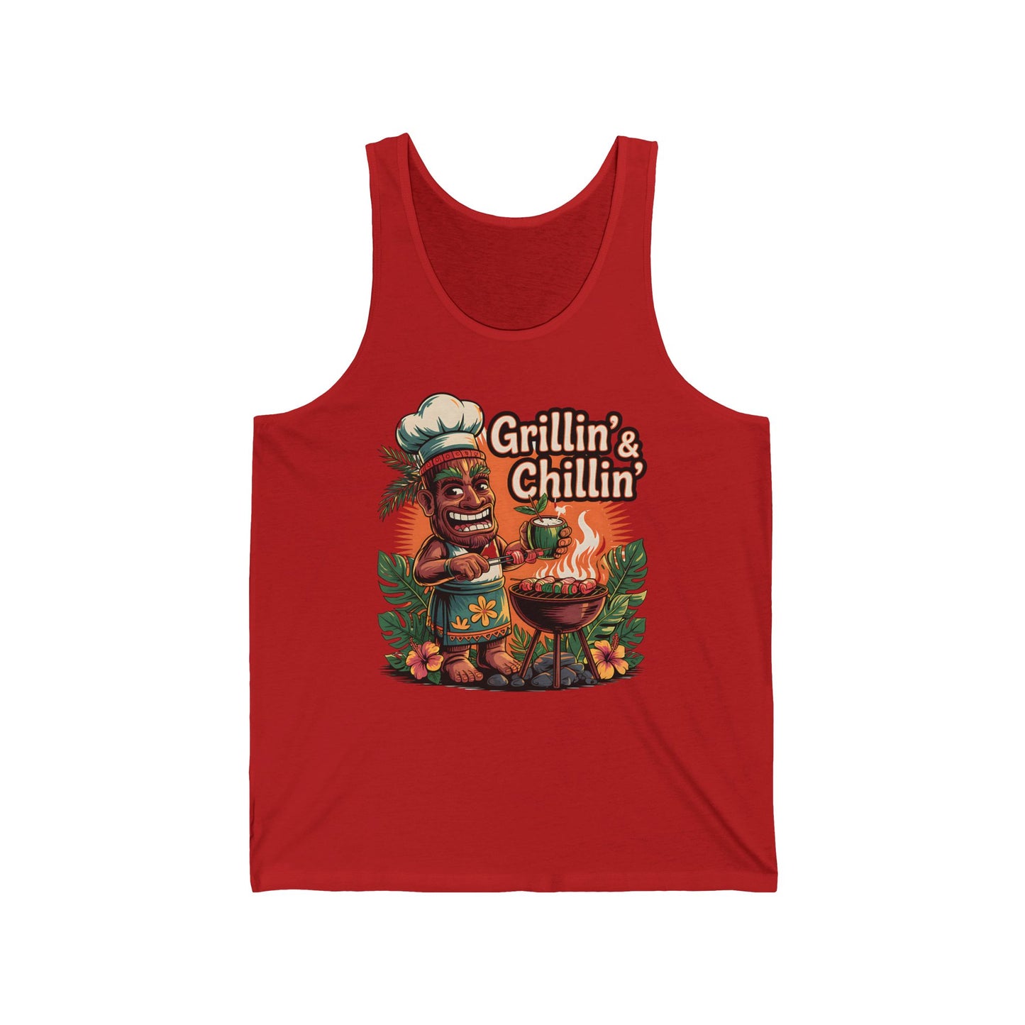 The Grillin & Chillin Unisex Jersey Tiki Tank Top features a smiling tiki chef grilling among tropical flowers and Grillin & Chillin’ text—perfect for summer BBQs, parties, and laid-back island vibes.