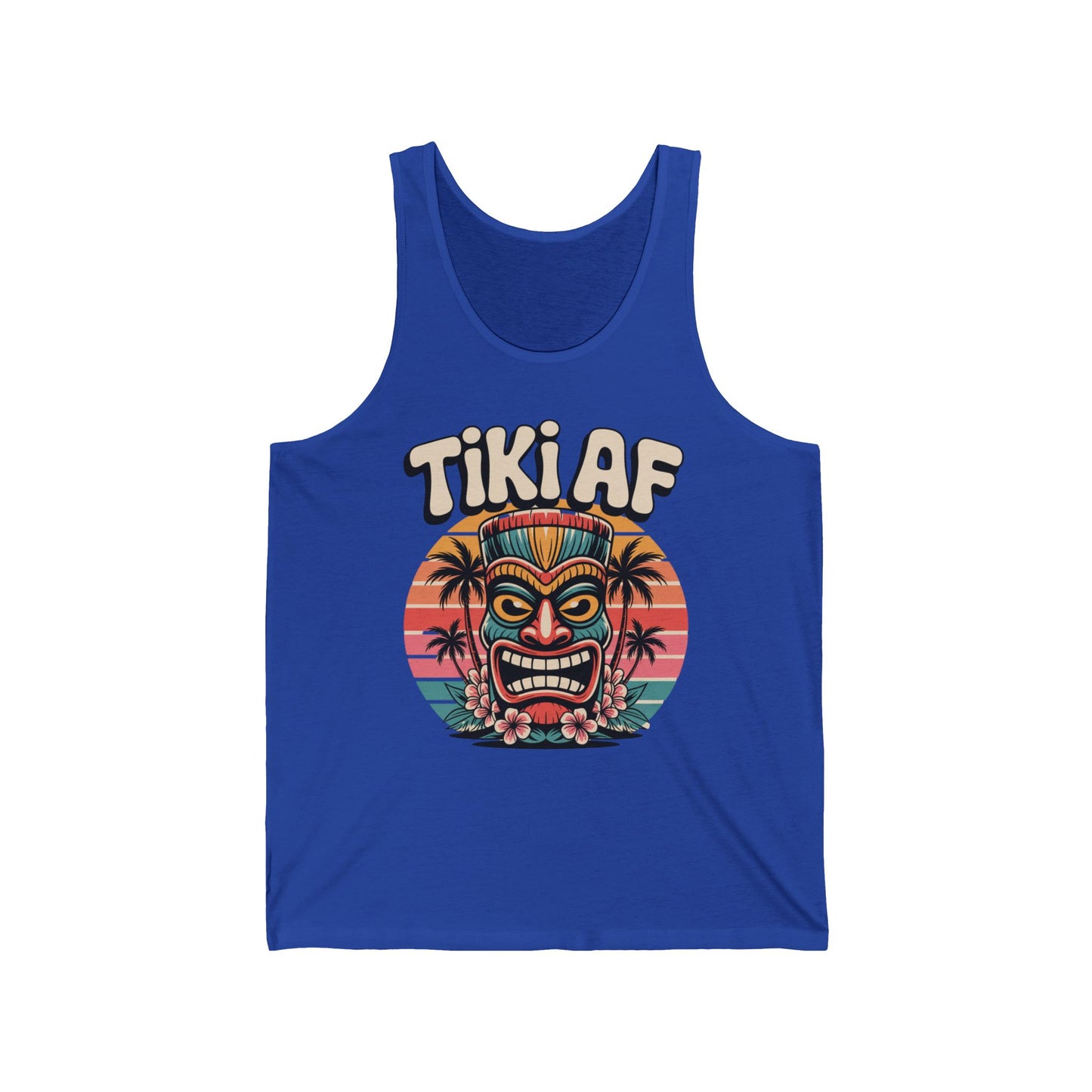 The Tiki AF Unisex Jersey Tank Top - Tropical Vibe Summer Wear in blue features a vibrant tiki design with palm trees and a sunset, plus bold TIKI AF text—ideal for anyone who loves the tropical lifestyle.