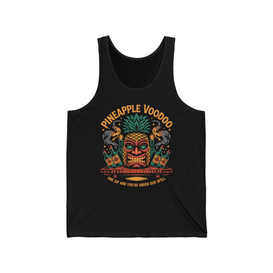 The Pineapple Voodoo Unisex Jersey Tank is a black tropical tee with a vibrant tiki face, pineapple headdress, cocktails, and Pineapple Voodoo text—perfect for beach lovers wanting to add summer vibes to their wardrobe.