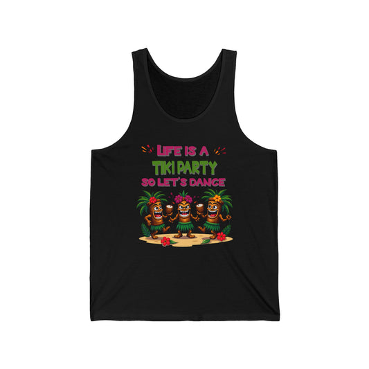 The Tiki Party Tank is a unisex jersey sleeveless top, featuring colorful dancing cartoon tikis under “Life is a Tiki Party So Let’s Dance,” plus vibrant flowers and palm trees—perfect for summer fun and celebrations.