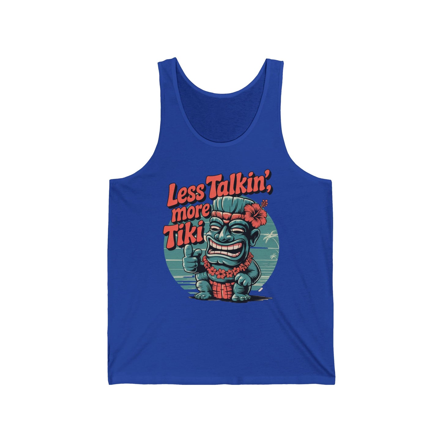 The Less Talkin, More Tiki - Tiki Vibes Unisex Jersey Tank features a colorful tiki statue with a thumbs-up, flower lei, and palm trees on ultra-soft cotton—embrace the island spirit and enjoy ultimate comfort!.