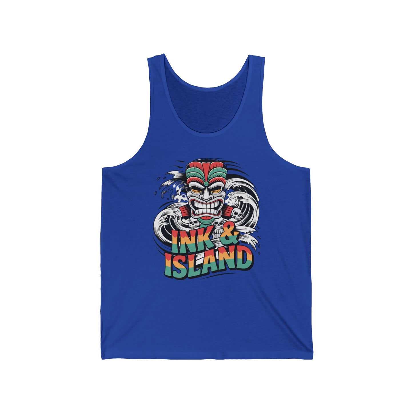 The Tropical Ink & Island Unisex Jersey Tiki Tank Top for Beach Vibes showcases a vibrant tiki mask, ocean waves, and bold lettering—ideal for summer with its cool, breathable fit.