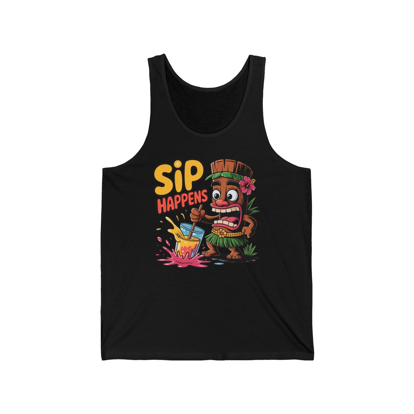 The Sip Happens Unisex Jersey Tiki Tank Top features a cartoon tiki spilling a colorful drink with SIP HAPPENS above—perfect for summer with its lightweight fabric and fun design, ideal for beach parties or casual warm-weather wear.