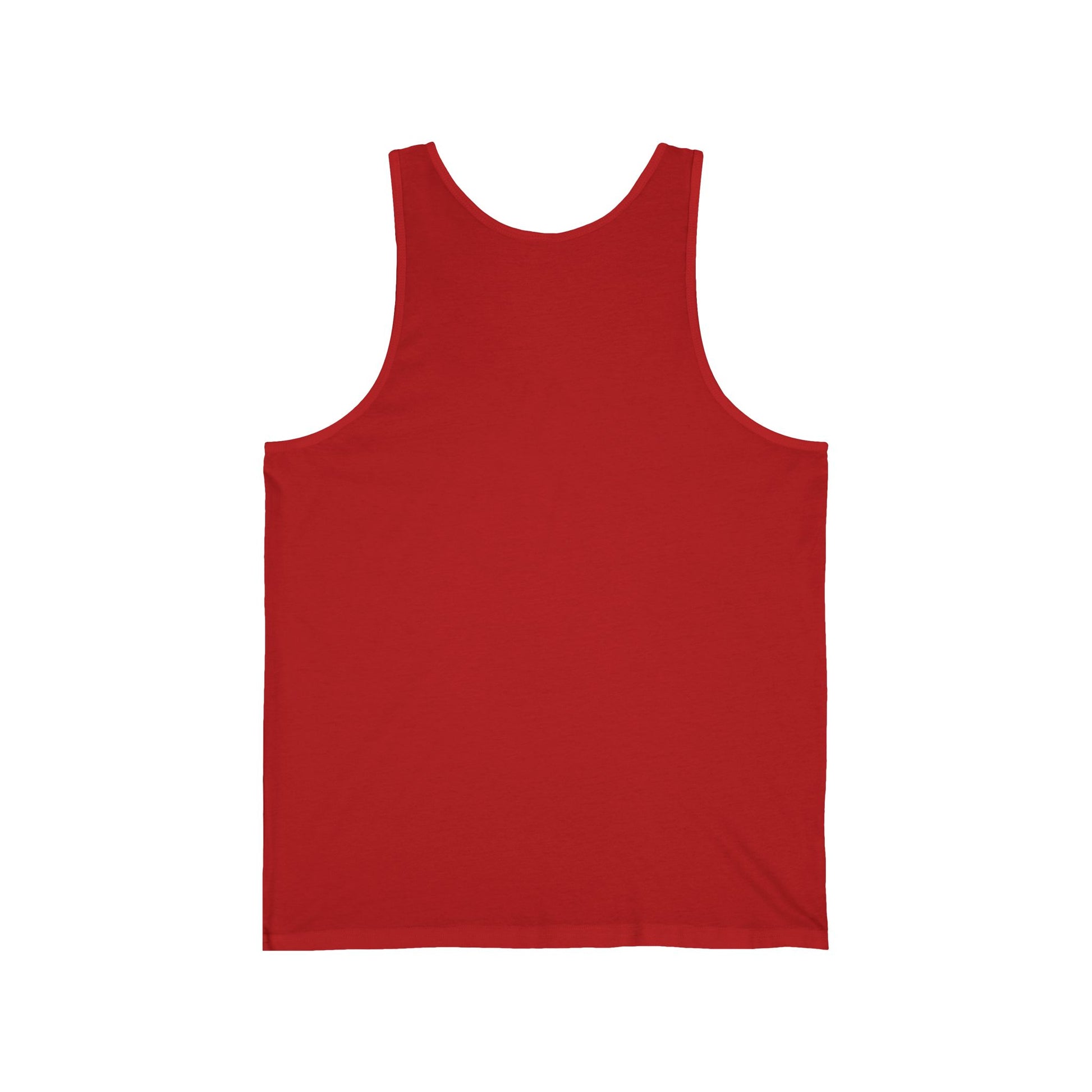 The Beach Vibes Unisex Jersey Tiki Tank Top—Dont Worry Beach Happy—is shown flat against a white background, displaying its back with wide shoulder straps and a rounded neckline, ideal for summer with its lightweight feel.