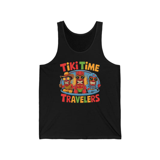 The Tiki Time Travelers Unisex Jersey Tank Top features colorful tiki heads with sunglasses and bold Tiki Time Travelers text—perfect as a fun summer vacation top.