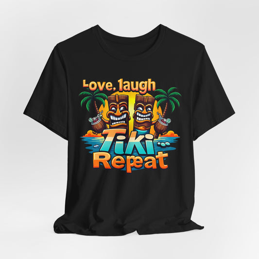 Tiki Love Unisex Short Sleeve Tiki T-Shirt features two cartoon Tiki figures, palm trees, a beach scene, and “Love. Laugh. Tiki. Repeat” in bold colors for fun tropical vibes and an authentic island feel.