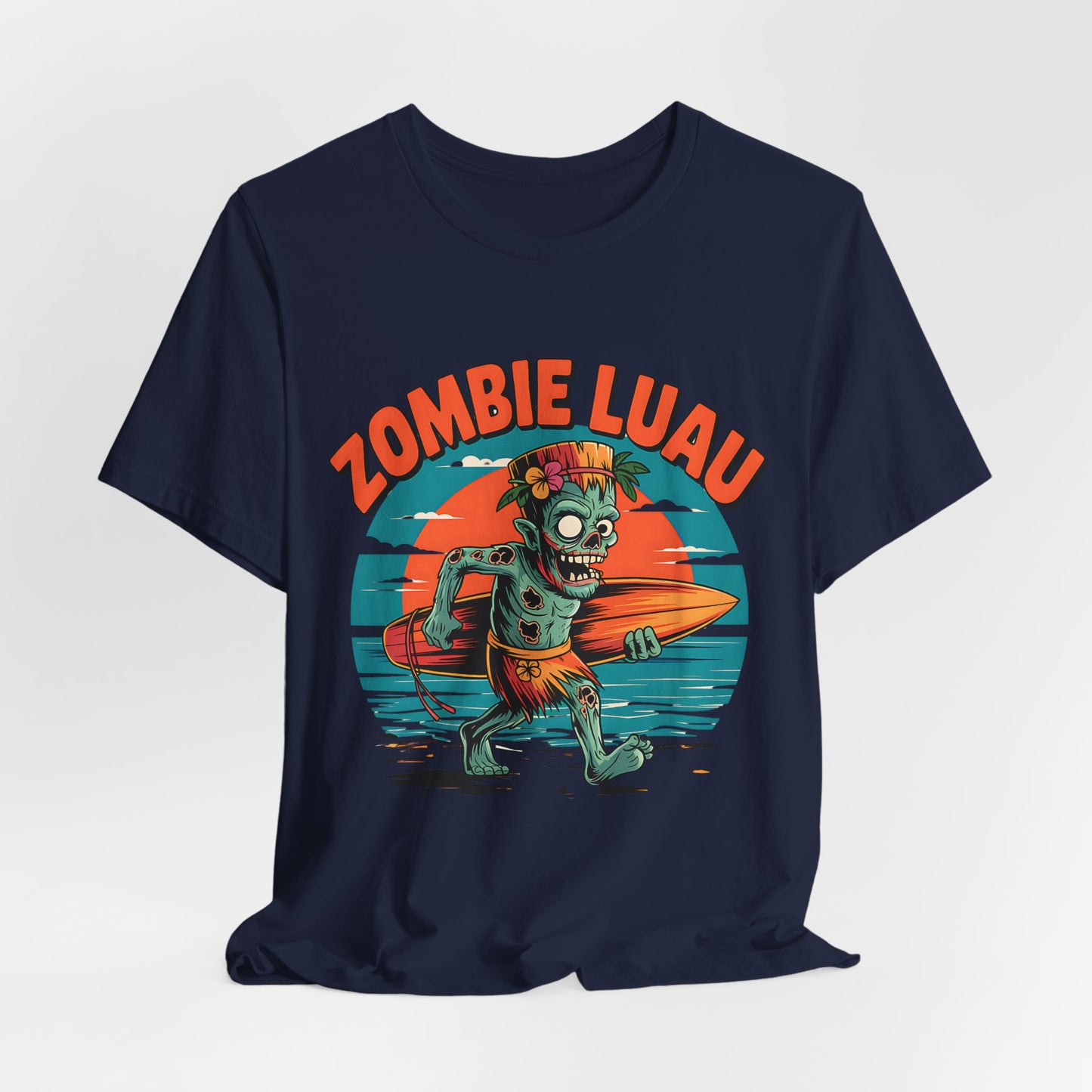 Navy blue t-shirt with 'Zombie Luau' graphic design on a white background