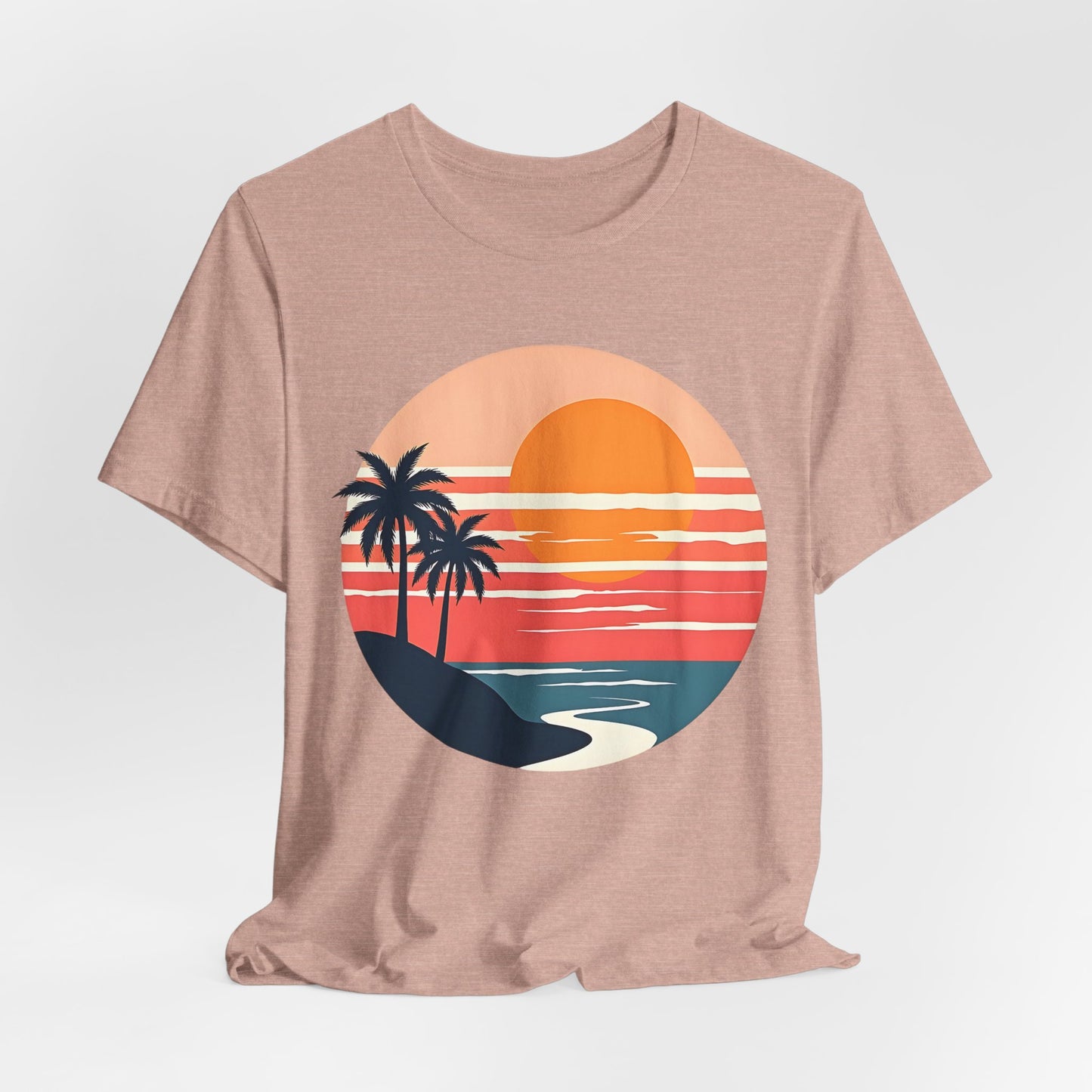 The Sunset Serenity Unisex Jersey Short Sleeve T-Shirt is perfect for beach lovers, featuring a colorful sunset, palm tree design, tropical circular graphic, vibrant stripes, and a path to the ocean.