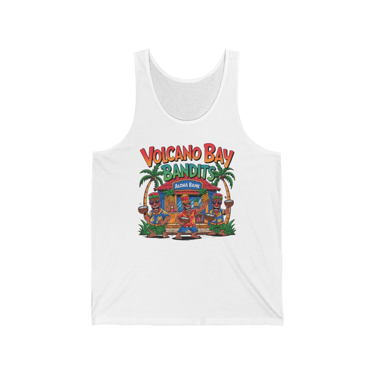 The Volcano Bay Bandits Unisex Jersey Tiki Tank Top features colorful cartoon tiki characters, palm trees, and an Aloha Bank hut for playful tropical adventure vibes—perfect for casual parties or beach days.