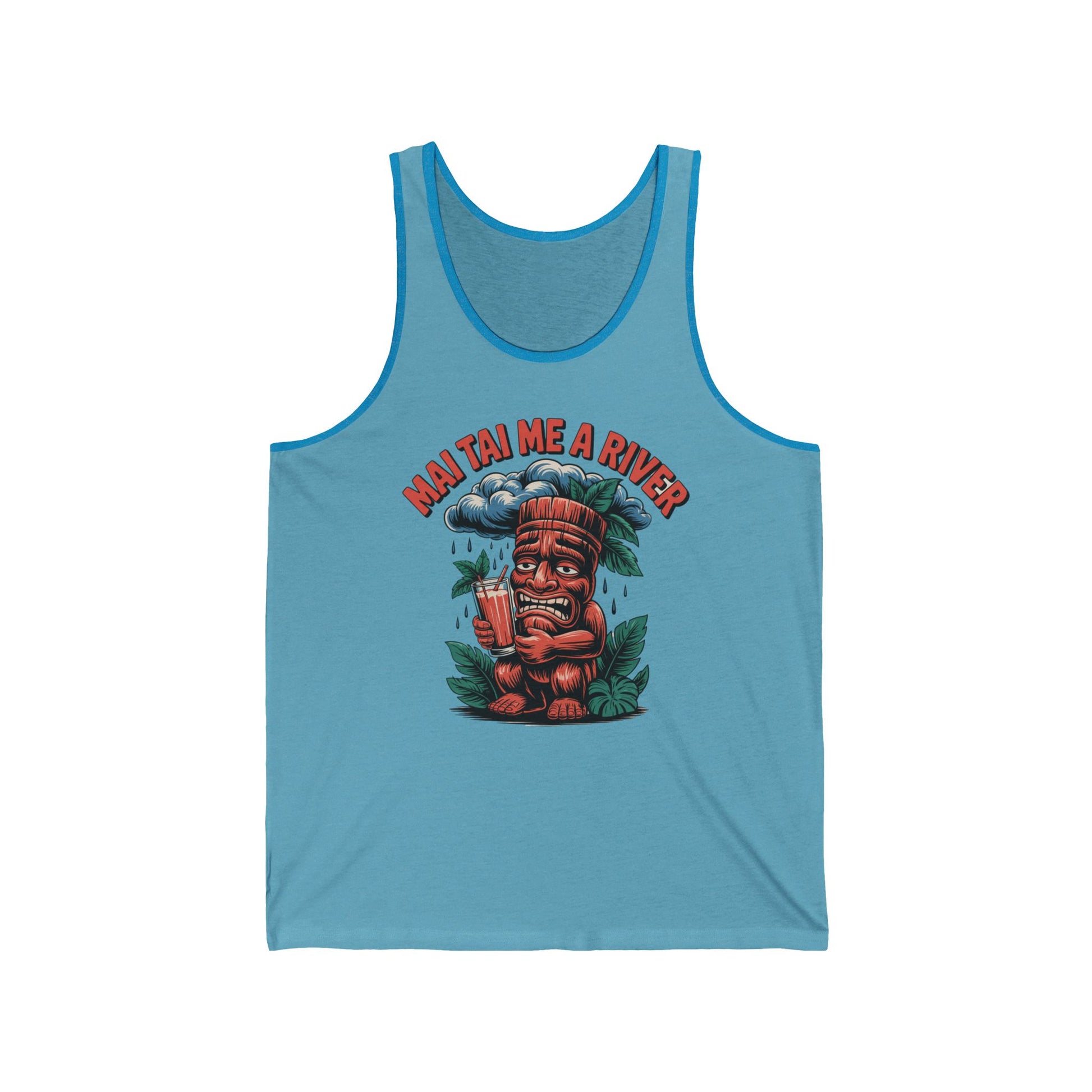 The Mai Tai Me A River Unisex Jersey Tiki Tank Top features a cartoon tiki with a drink, falling rain, leaves, and bold red MAI TAI ME A RIVER print. Lightweight for all-day comfort—perfect for summer vibes!.