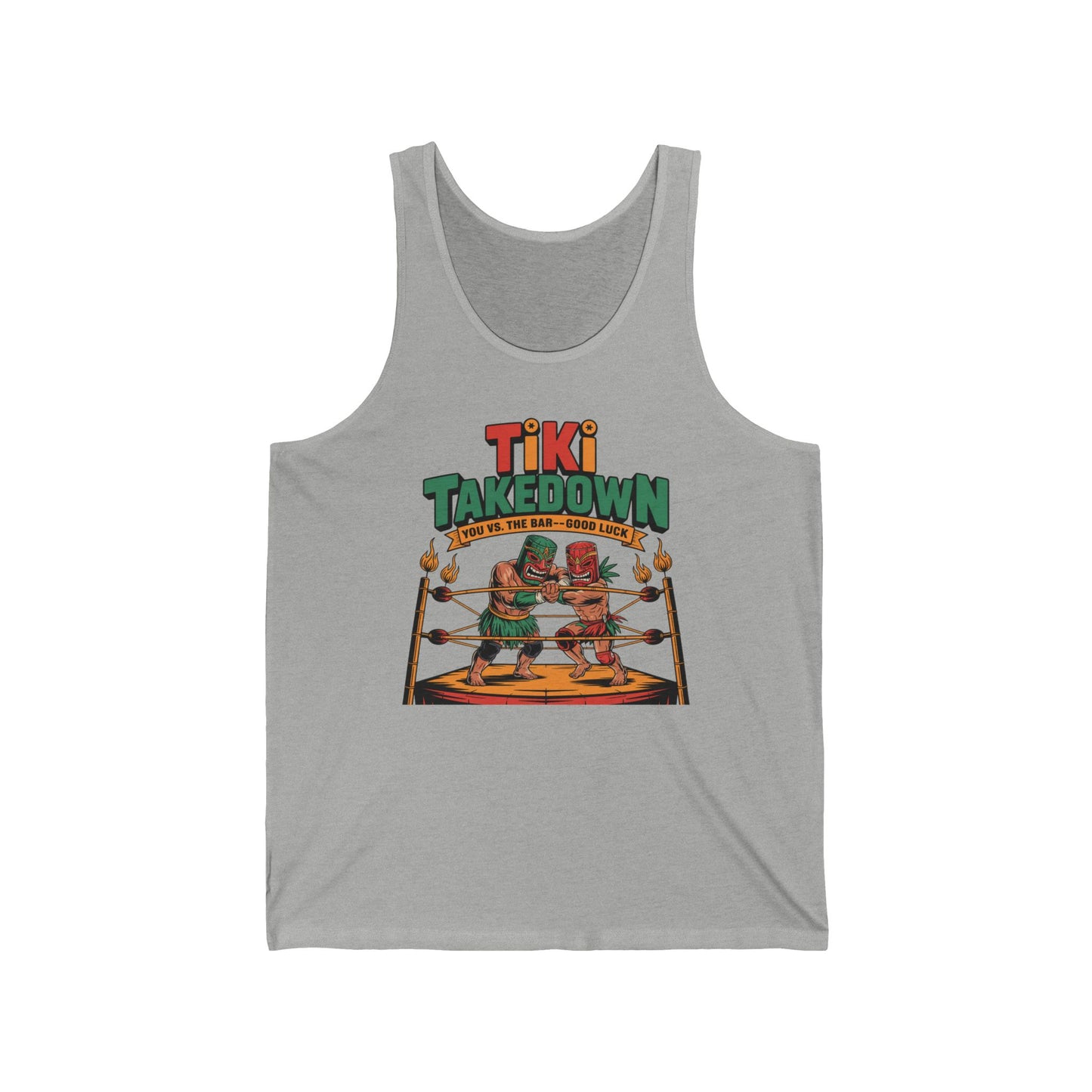 The Tiki Takedown Unisex Jersey Tank features two tiki characters boxing and the words “Tiki Takedown: You vs. the Bad Good Luck”—a fun summer tank top for parties, festivals, and anyone who loves unique styles.