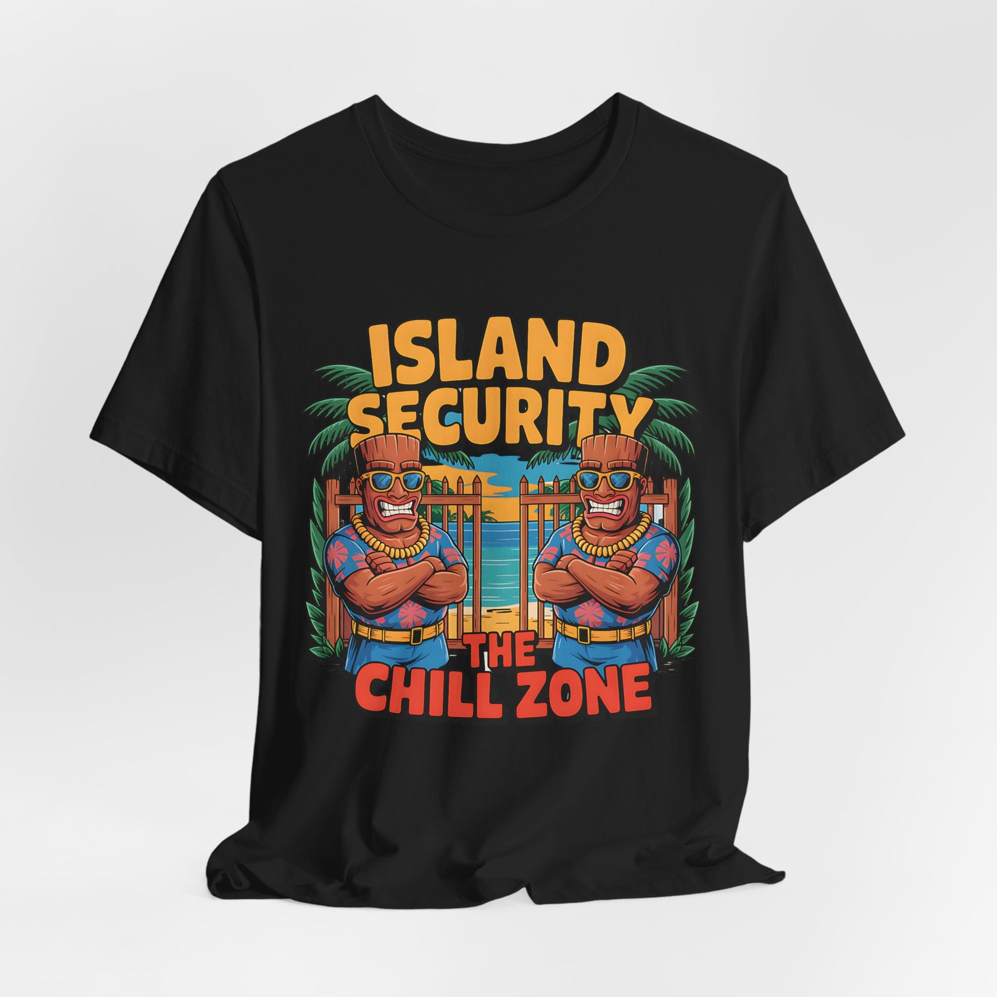 The Chill Zone Island Security Tiki T-Shirt – Unisex Jersey Short Sleeve features two cartoon tiki figures with sunglasses by a gate and palms, plus bold colorful Island Security The Chill Zone text. Perfect for cool beach style.