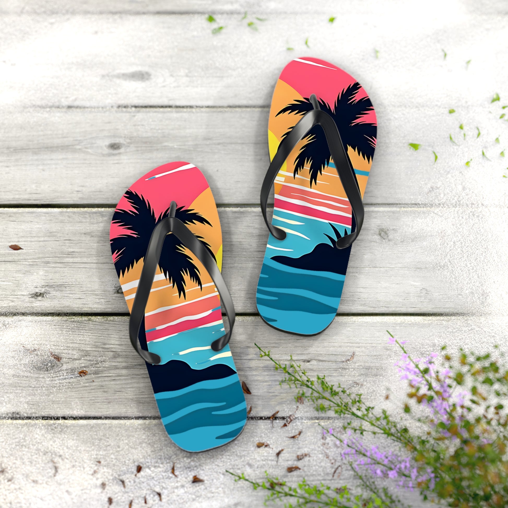 Perfect for beach lovers, the Tropical Sunset Flip Flops | Beach Vibes Sandals feature a vibrant sunset scene with palm trees and ocean waves—an ideal, stylish addition to your summer outfits.