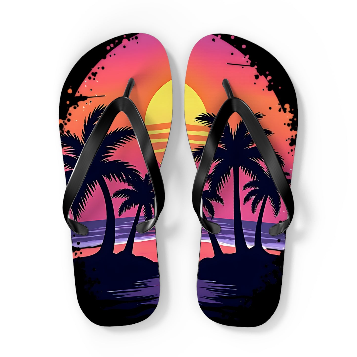 Tropical Sunset Flip Flops - Beach Vibes Sandals for Summer Fun feature black straps and a vibrant design with a yellow sun, orange-pink sky, palm tree silhouettes, and ocean waves—ideal summer footwear for beach trips.