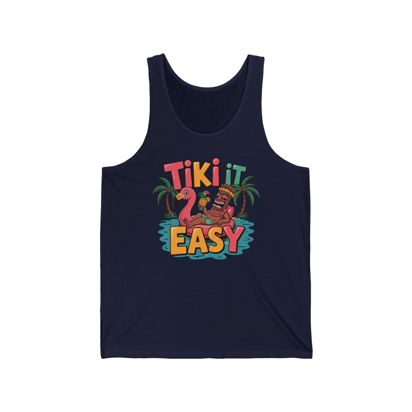 The Tiki It Easy Unisex Jersey Tiki Tank Top is a navy blue, lightweight tank featuring a vibrant tiki statue, Tiki It Easy text, palm trees, and a pink flamingo float—perfect for summer vibes and beach parties.