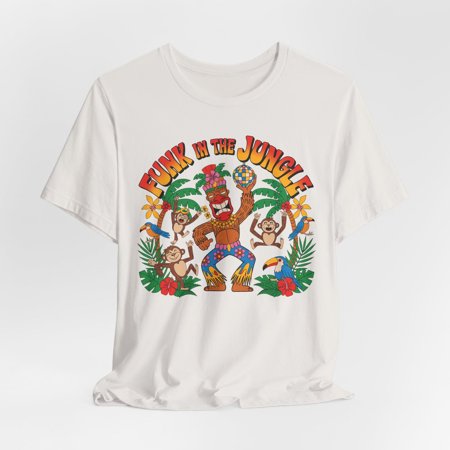 Show off your jungle spirit in the Funky Jungle Tiki T-Shirt—a unisex short sleeve shirt featuring a vibrant dancing gorilla in sunglasses, cheerful monkeys, lush tropical plants, and Funk in the Jungle boldly above.