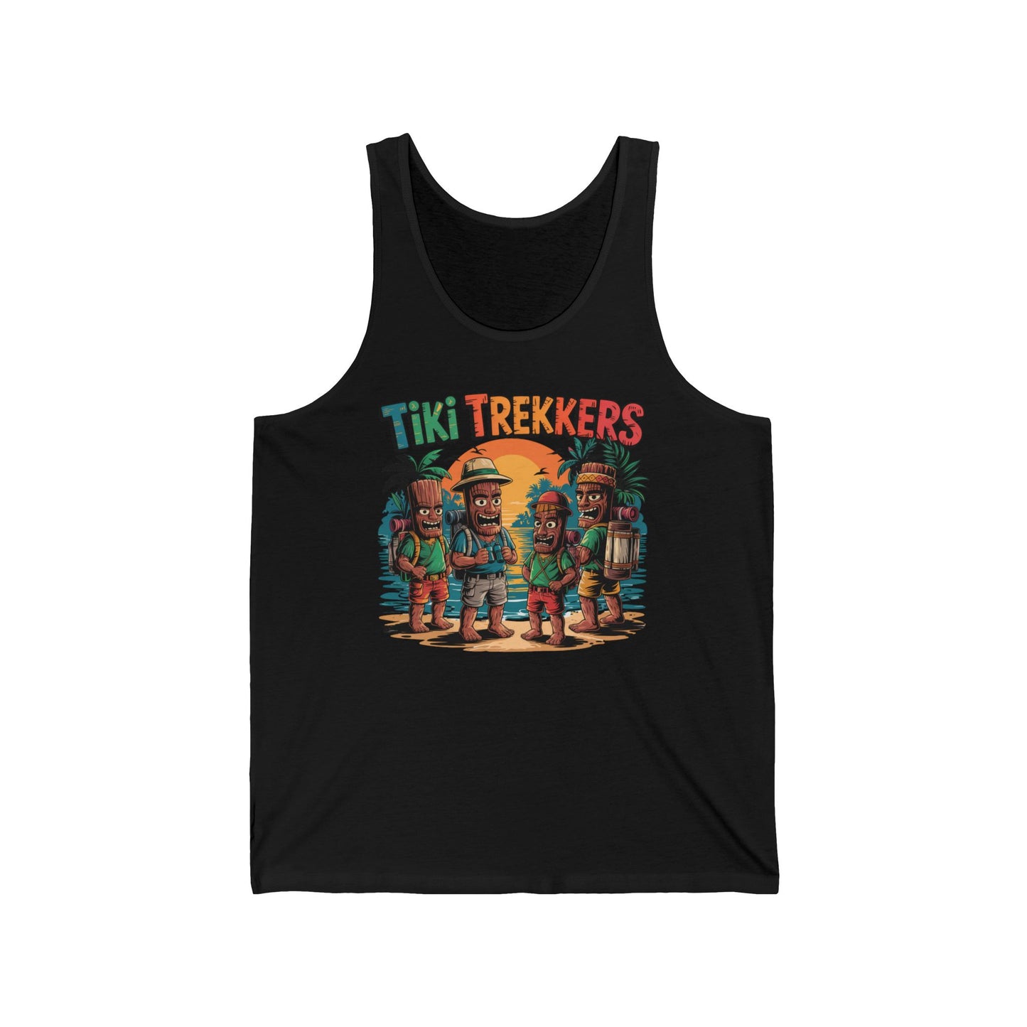 The Tiki Trekkers Unisex Jersey Tiki Tank Top features a vibrant cartoon of four tiki explorers in tropical gear with Tiki Trekkers in bold, multicolored letters—perfect for summer adventures and beach days.