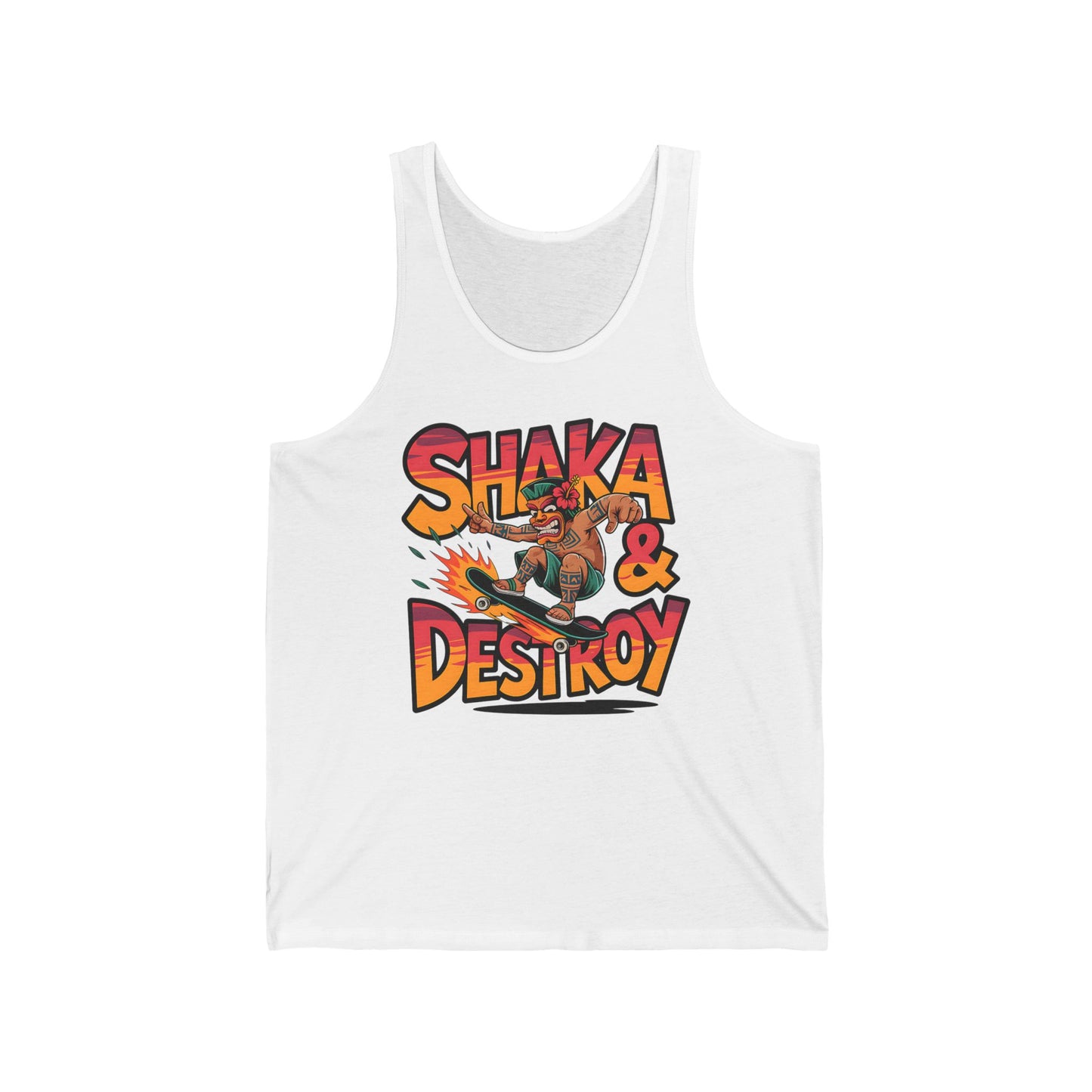 The Shaka & Destroy Unisex Jersey Tiki Tank Top features a cartoon skateboarder with flames and a shaka sign, plus bold red and yellow text—ideal for summer vibes and casual comfort.