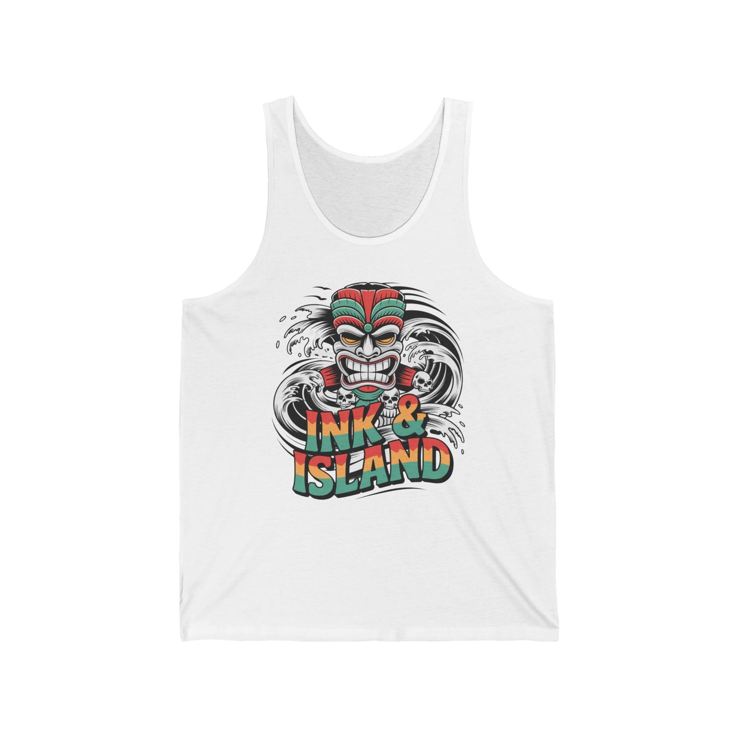 Stay cool this summer in the Tropical Ink & Island Unisex Jersey Tiki Tank Top for Beach Vibes, featuring a vibrant tiki mask with waves and bold text on a breathable, comfortable fit—perfect for your beach wardrobe.