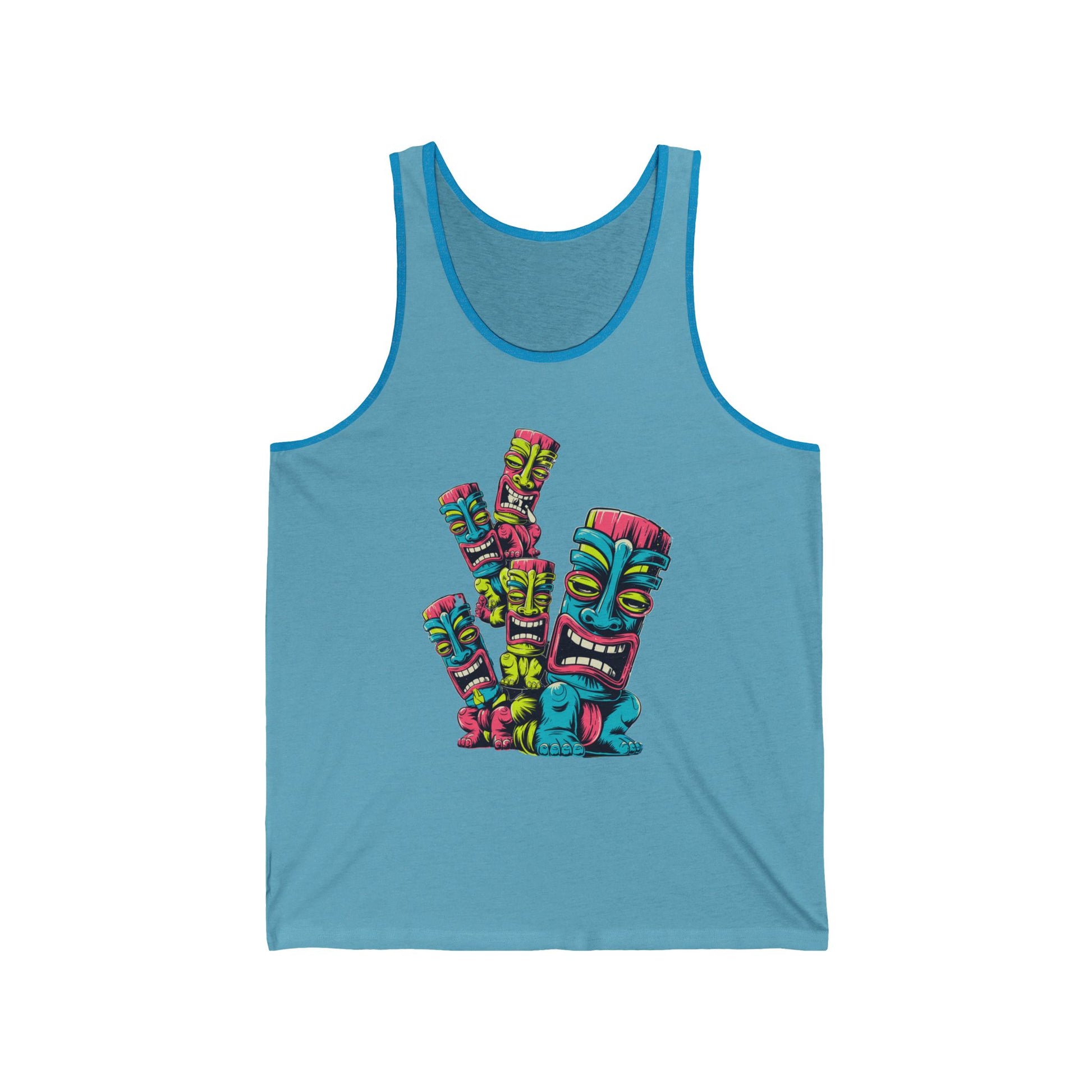 The Colorful Tiki Unisex Jersey Tank Top features four bold tiki faces in vivid hues, perfect for summer vibe beachwear or a tropical wardrobe.