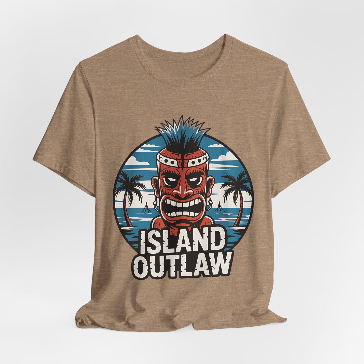 The Island Outlaw Tiki T-Shirt - Unisex Jersey Tee features a red tiki mask, palm trees, and ocean graphics with ISLAND OUTLAW in white—ideal for tropical vacations or beach outings.