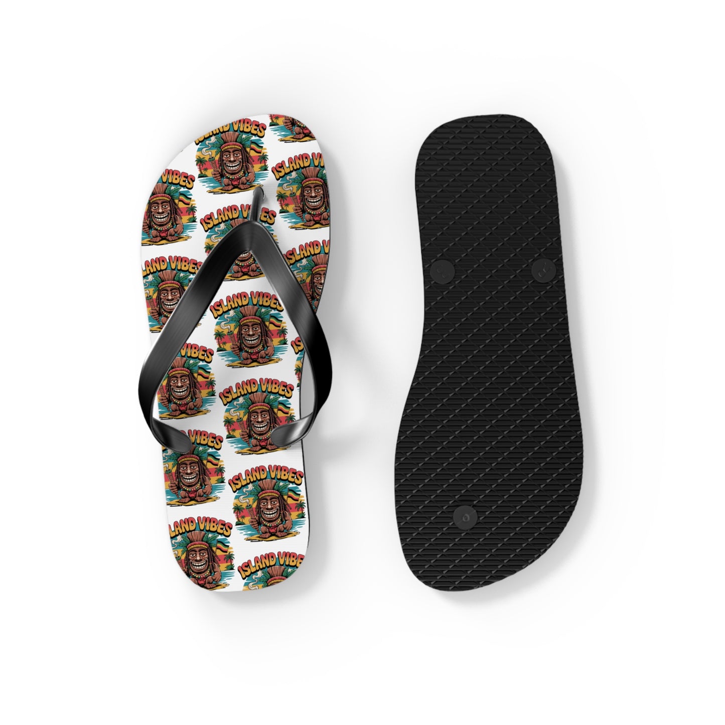Island Vibes Tiki Flip Flops – Colorful Casual Footwear for Summer Fun; one sandal features a vibrant tiki face and ISLAND VIBES text, the other reveals the textured black sole—ideal for beach lovers and summer getaways.