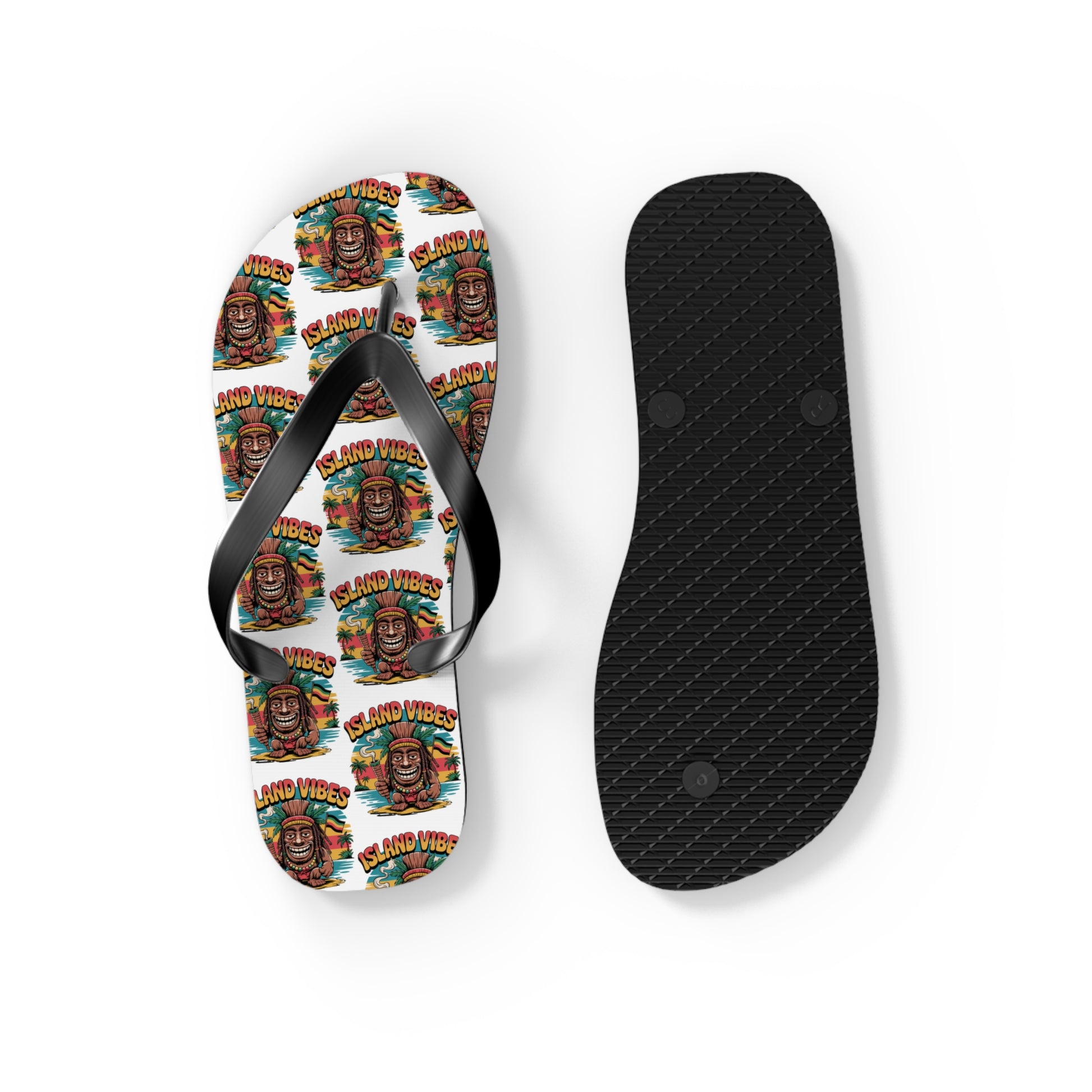 Island Vibes Tiki Flip Flops – Colorful Casual Footwear for Summer Fun; one sandal features a vibrant tiki face and ISLAND VIBES text, the other reveals the textured black sole—ideal for beach lovers and summer getaways.
