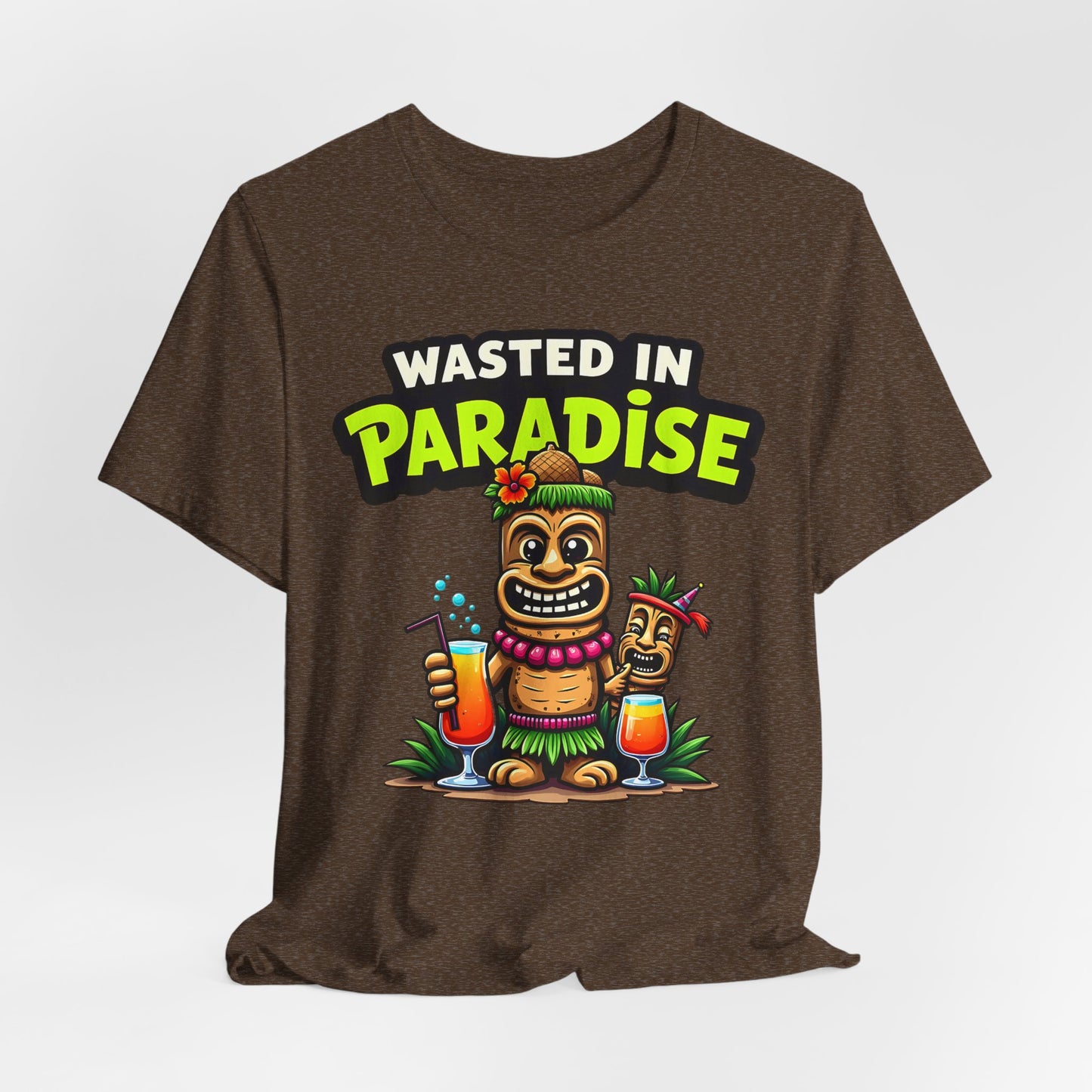 The Wasted in Paradise Graphic Tiki T-Shirt is a brown unisex jersey tee with a cartoon tiki statue, cocktails, and bold WASTED IN PARADISE text—perfect for beach lovers vacation wardrobes or parties.