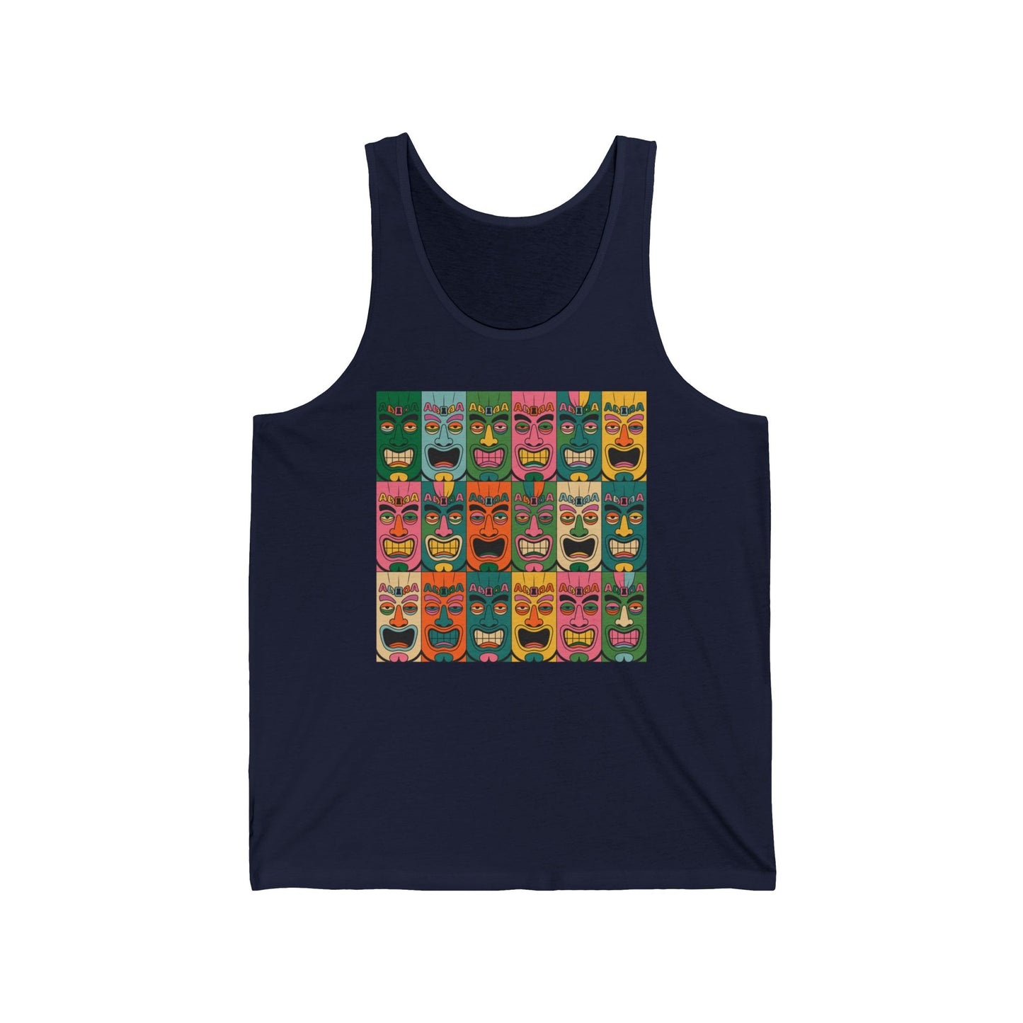 Stay cool at summer gatherings in the Tropical Tiki Masks Unisex Jersey Tiki Tank Top, featuring vibrant tiki masks on navy blue lightweight fabric—perfect for a fun, stylish vibe.