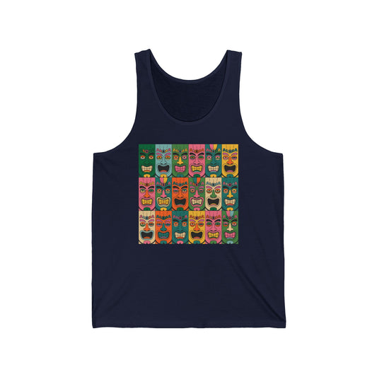 Stay cool at summer gatherings in the Tropical Tiki Masks Unisex Jersey Tiki Tank Top, featuring vibrant tiki masks on navy blue lightweight fabric—perfect for a fun, stylish vibe.