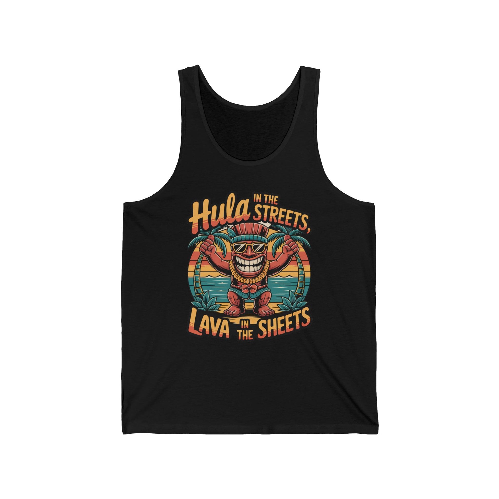 The Hula in the Streets Lava in the Sheets Unisex Jersey Tank - Summer Vibes Tank Top features a vibrant tiki graphic, tropical plants, and playful text on soft Airlume cotton—ideal for summer celebrations.